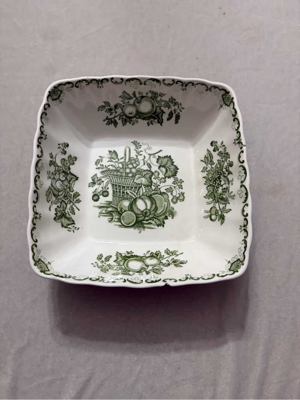 Mason White Ceramic Serving Bowl with Green Fruit Basket Pattern chipped